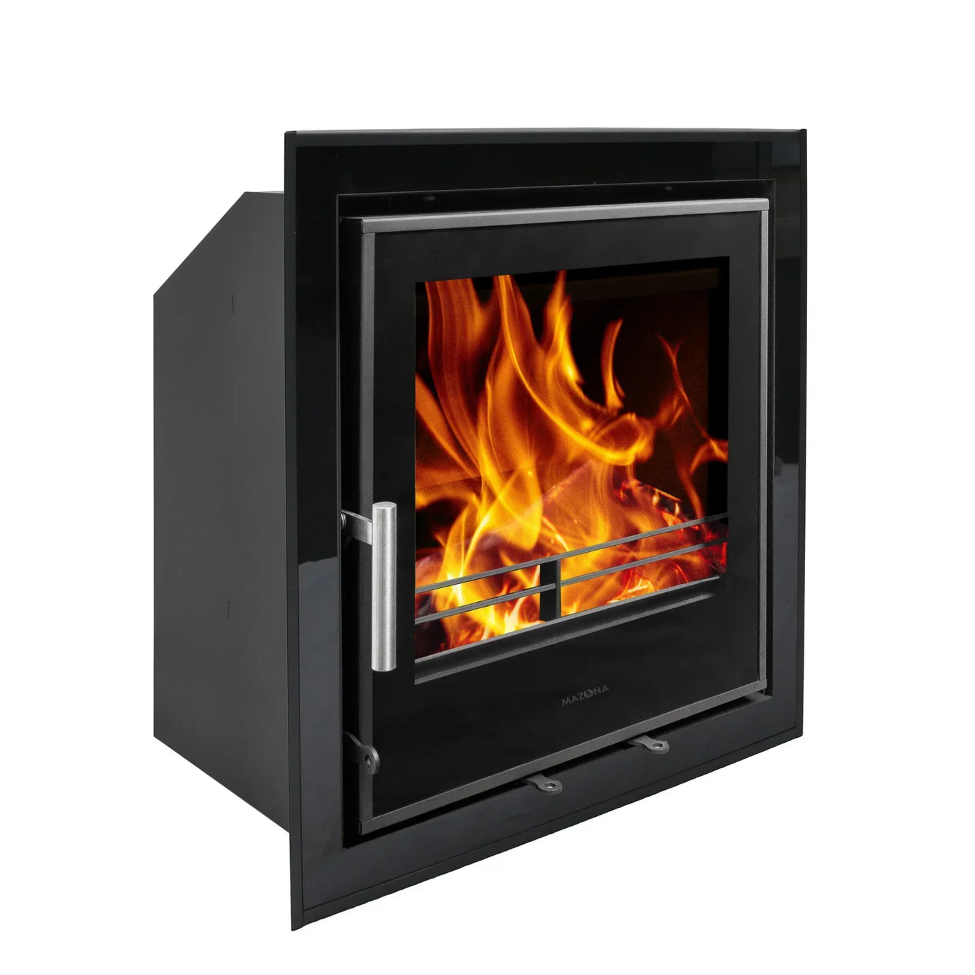 Black glass fronted wood burning stove with visible flames, side trim and chrome handle
