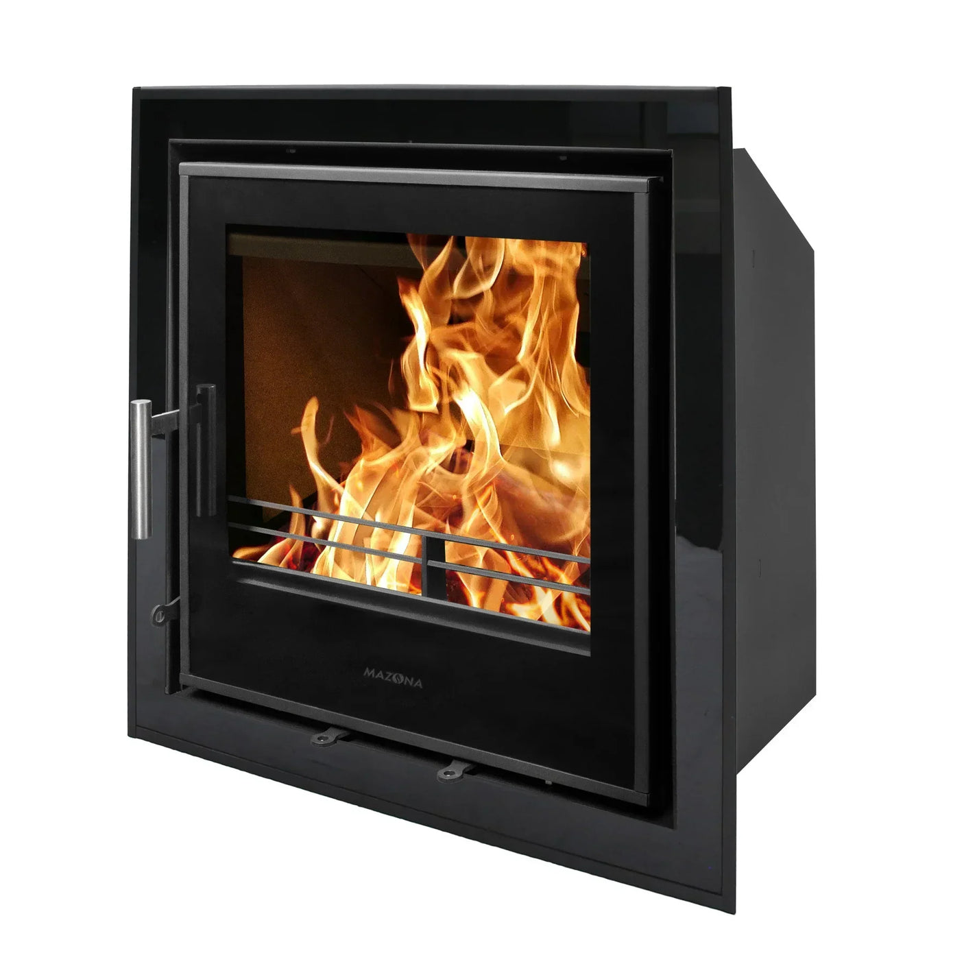 Black glass-fronted inset wood burning stove with visible flames and chrome handle