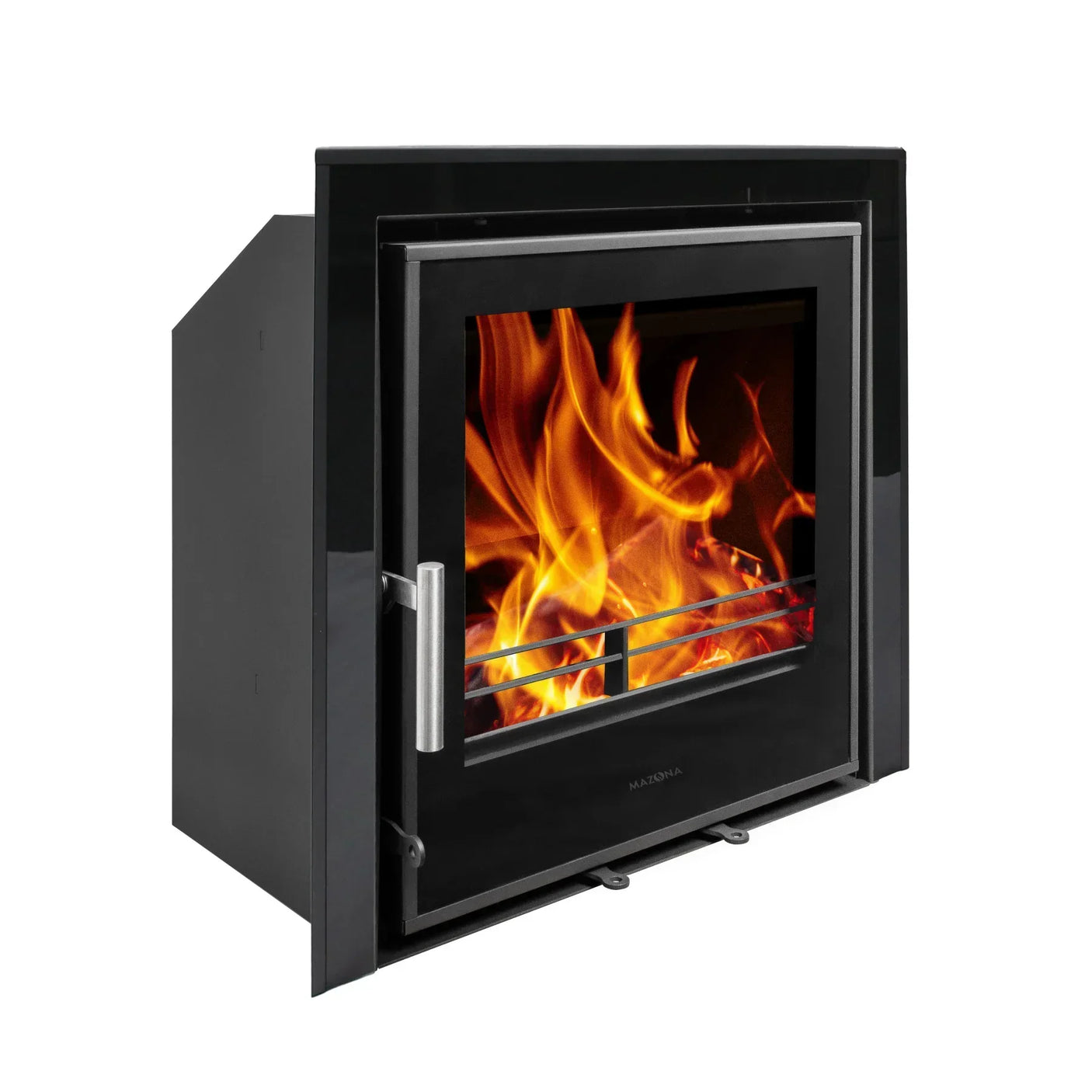 black inset wood burning stove with glass door and visible flames, side angle view