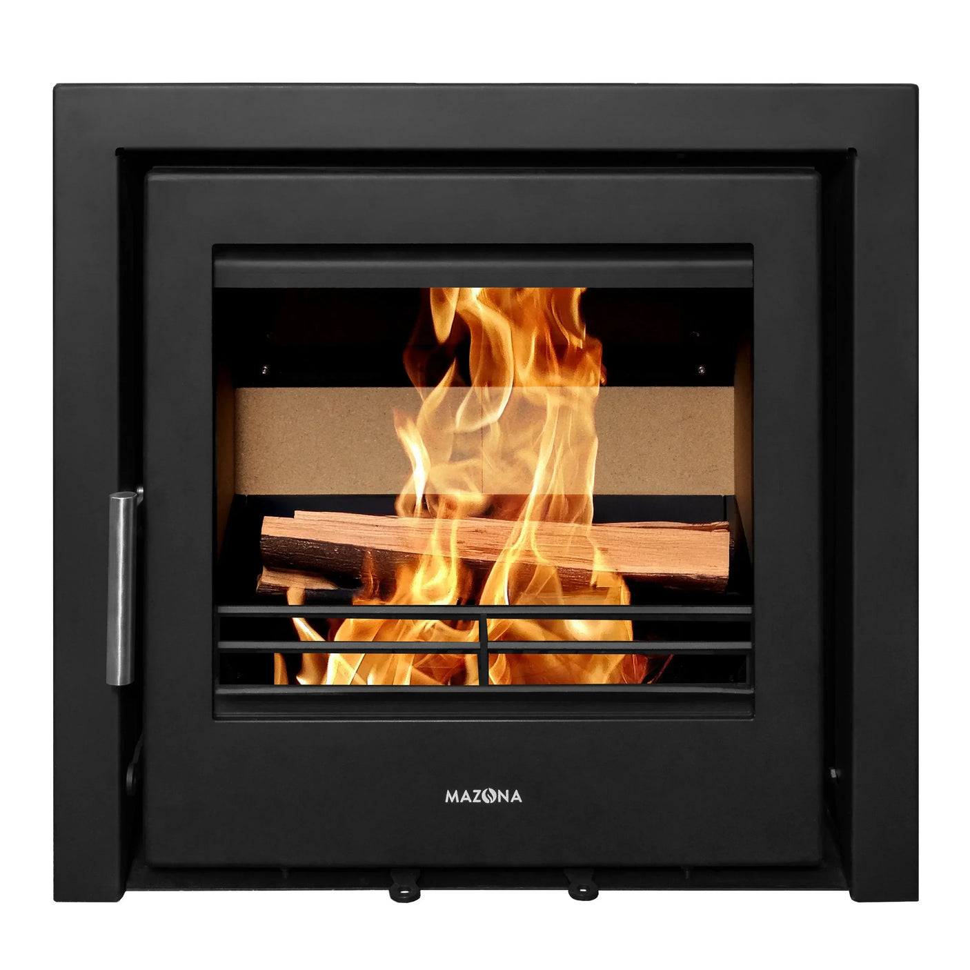 Black steel wood burning stove with fire, front view