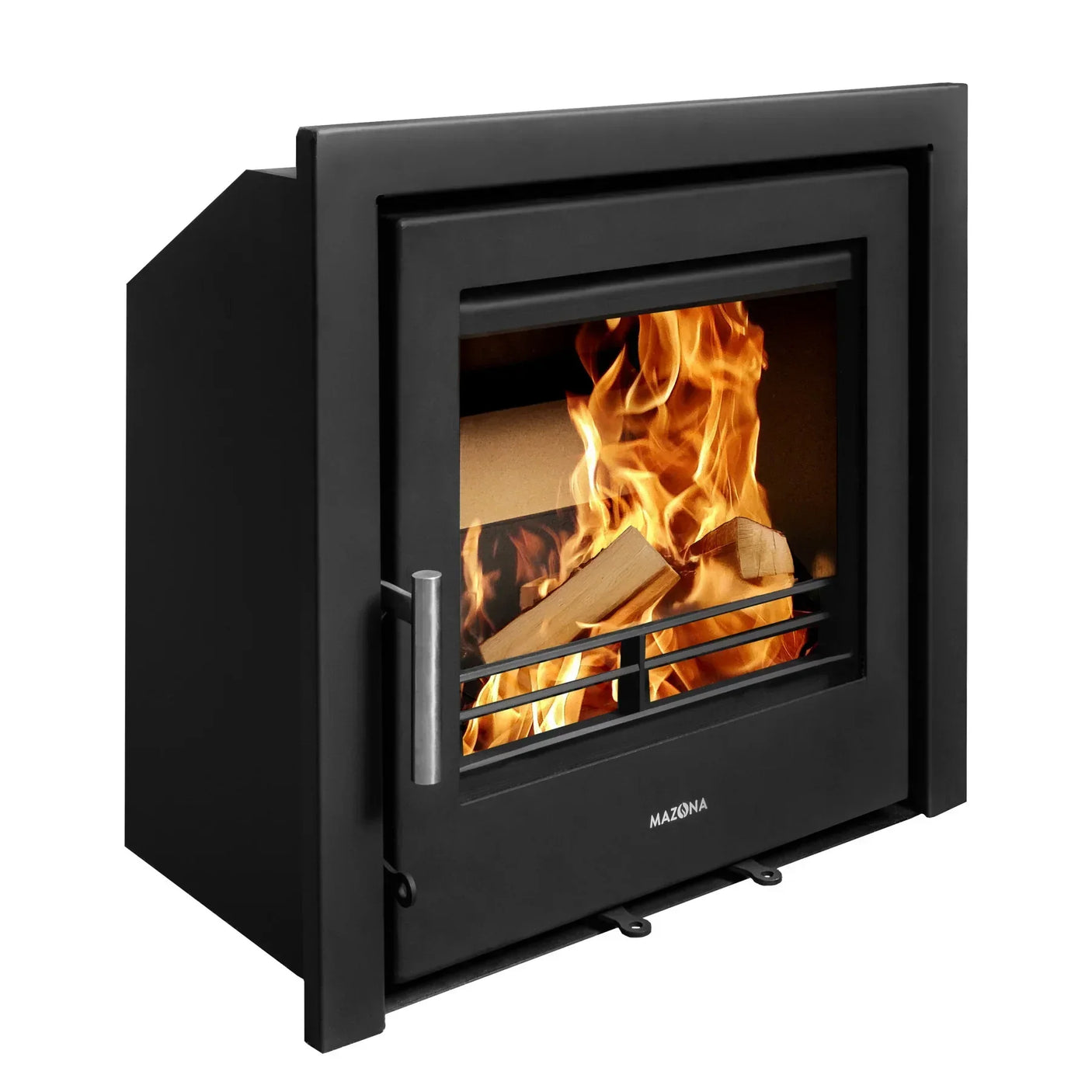 Black steel wood burning stove with glass door and visible flame, shown from side angle
