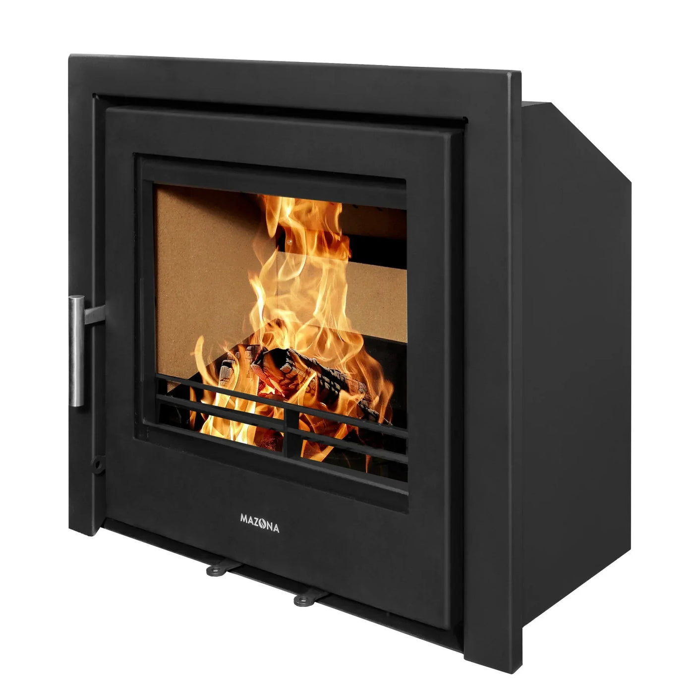 Black steel wood burning stove with visible flames and side angle view