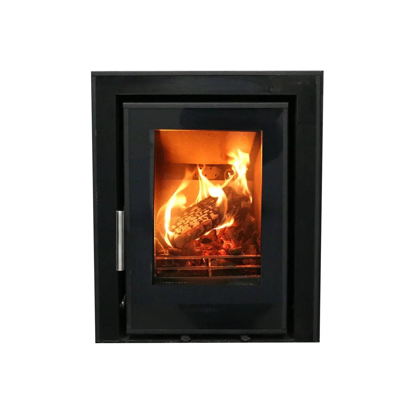 Black wood burning stove with glass door and visible flames
