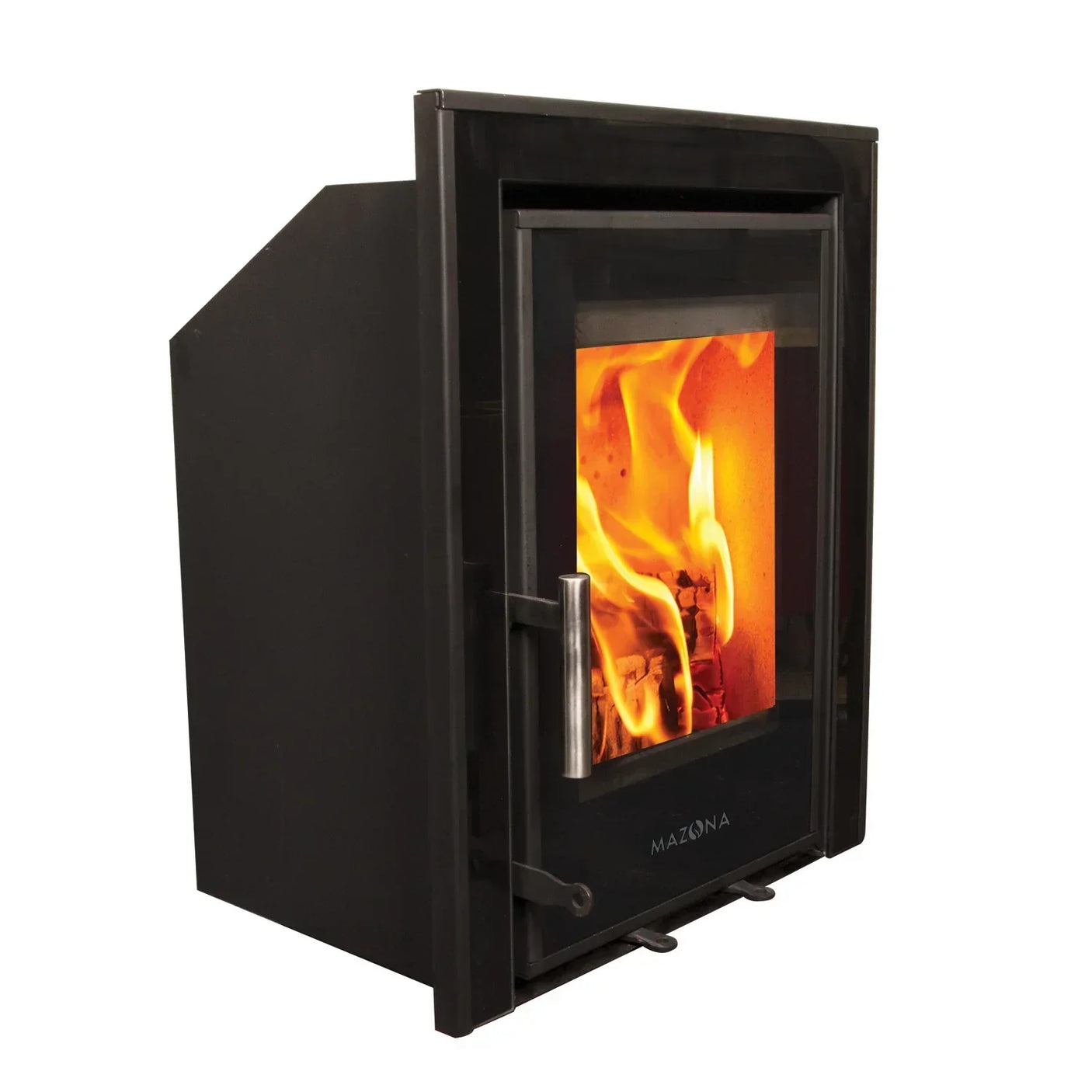 Black inset wood burning stove with glass door showing flames, angled front view