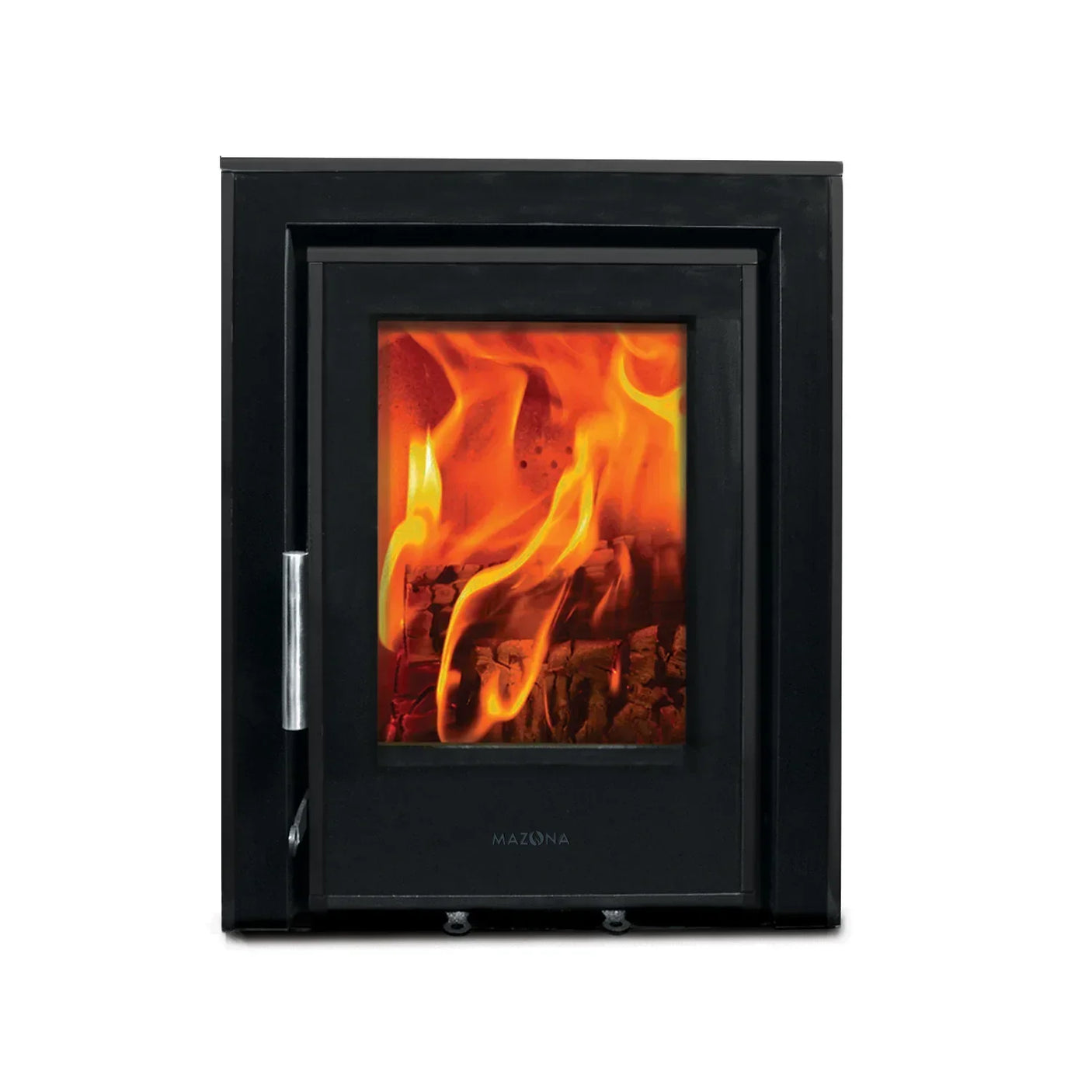 Black inset wood burning stove with glass door showing flames and logs inside