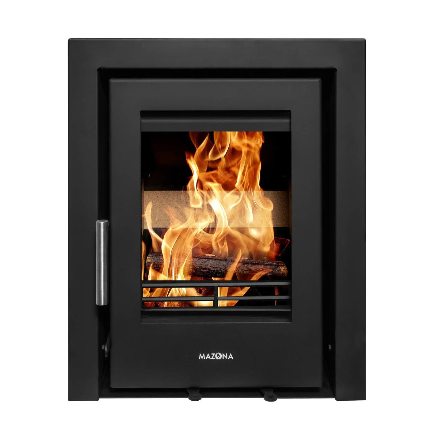 Steel wood burning stove front view with flames visible behind glass door