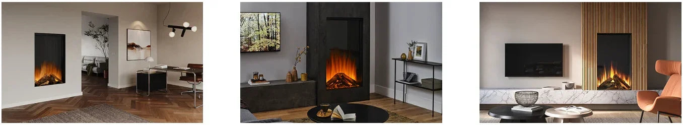 Inset electric fireplace with realistic flame in contemporary living room setting
