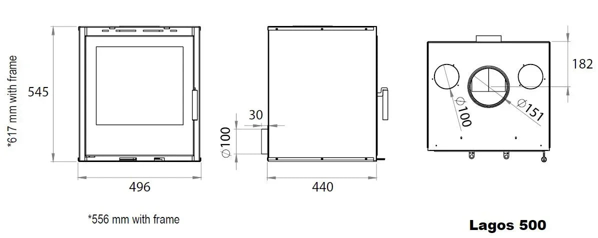 Lagos 500 stove technical drawing with front, side, and top dimensions and flue outlet sizes