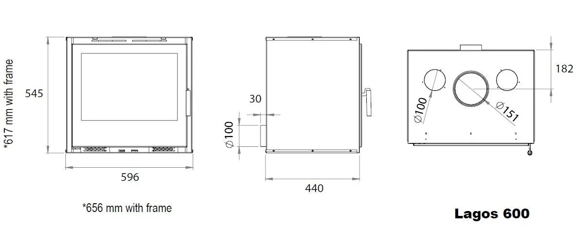 Lagos 600 stove technical drawing with front, side, and top view dimensions in millimeters