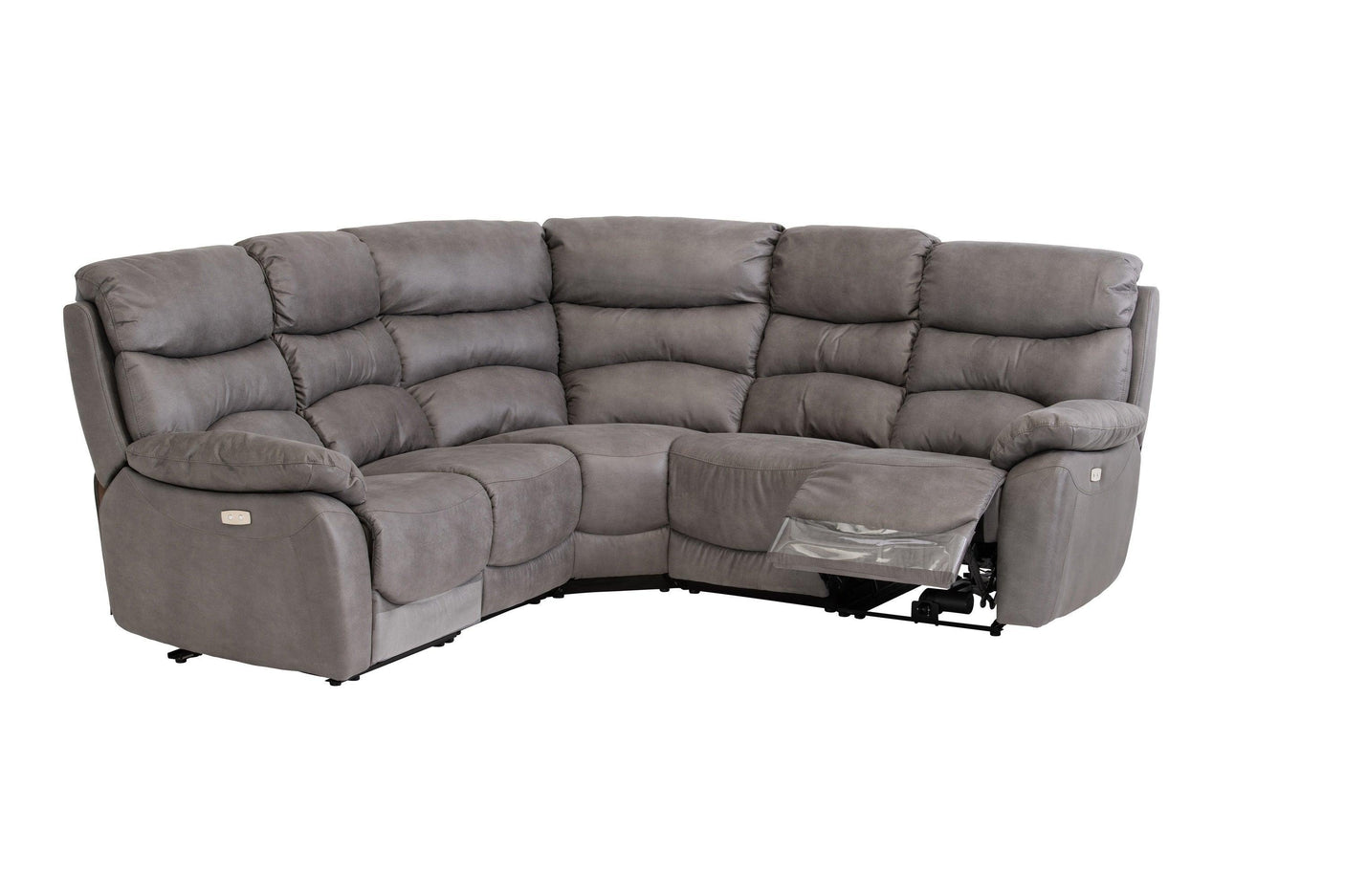 Grey corner sofa with reclining seat and padded cushions, upholstered in soft fabric