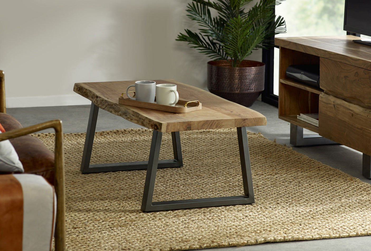 Baltic Live Edge Coffee Table made from solid acacia wood with metal sled legs