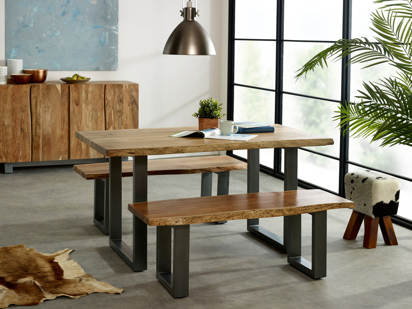 Baltic Live Edge Medium Bench made from solid acacia wood with a metal sled frame