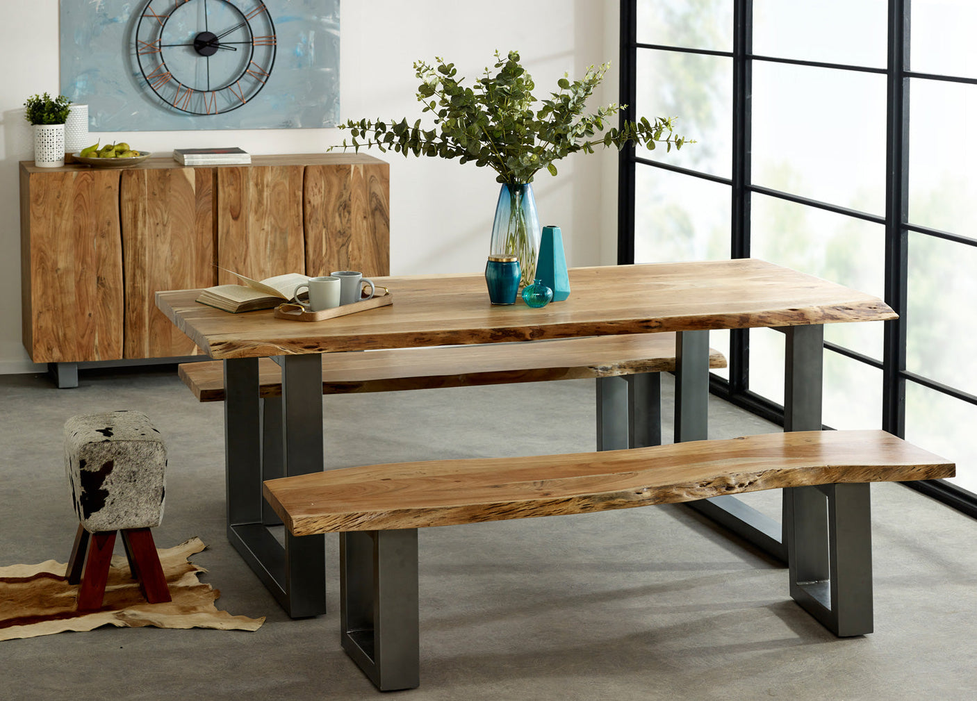 Baltic live edge dining table made of solid acacia wood with a metal frame