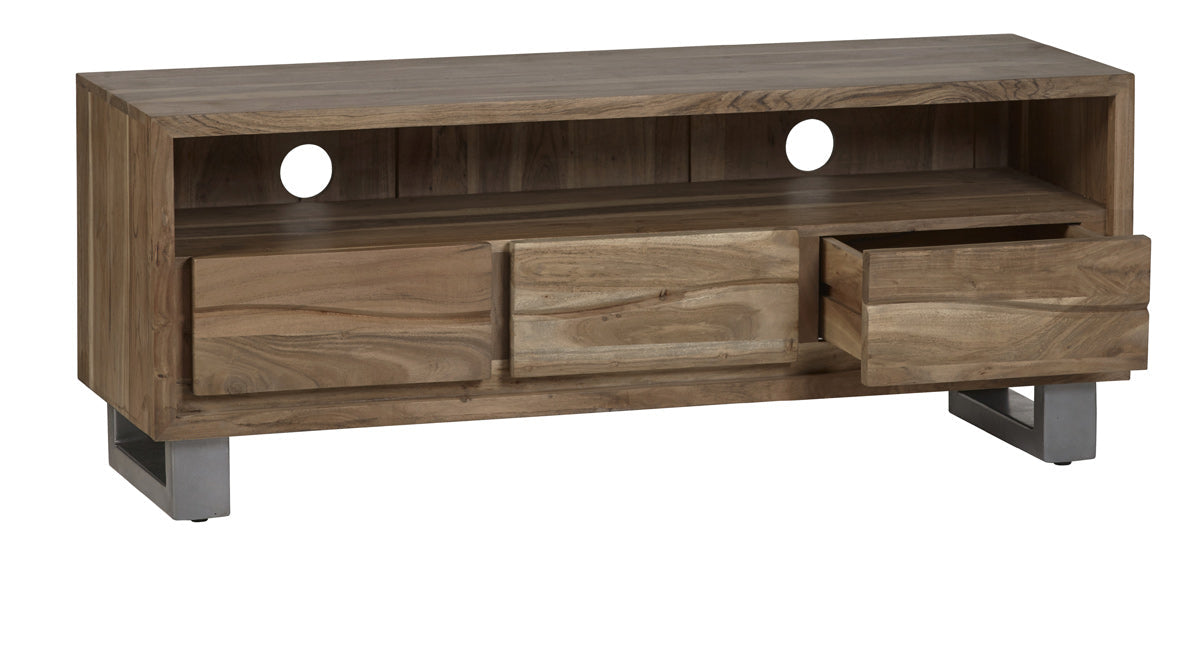 Baltic live edge media unit in solid acacia wood with metal legs