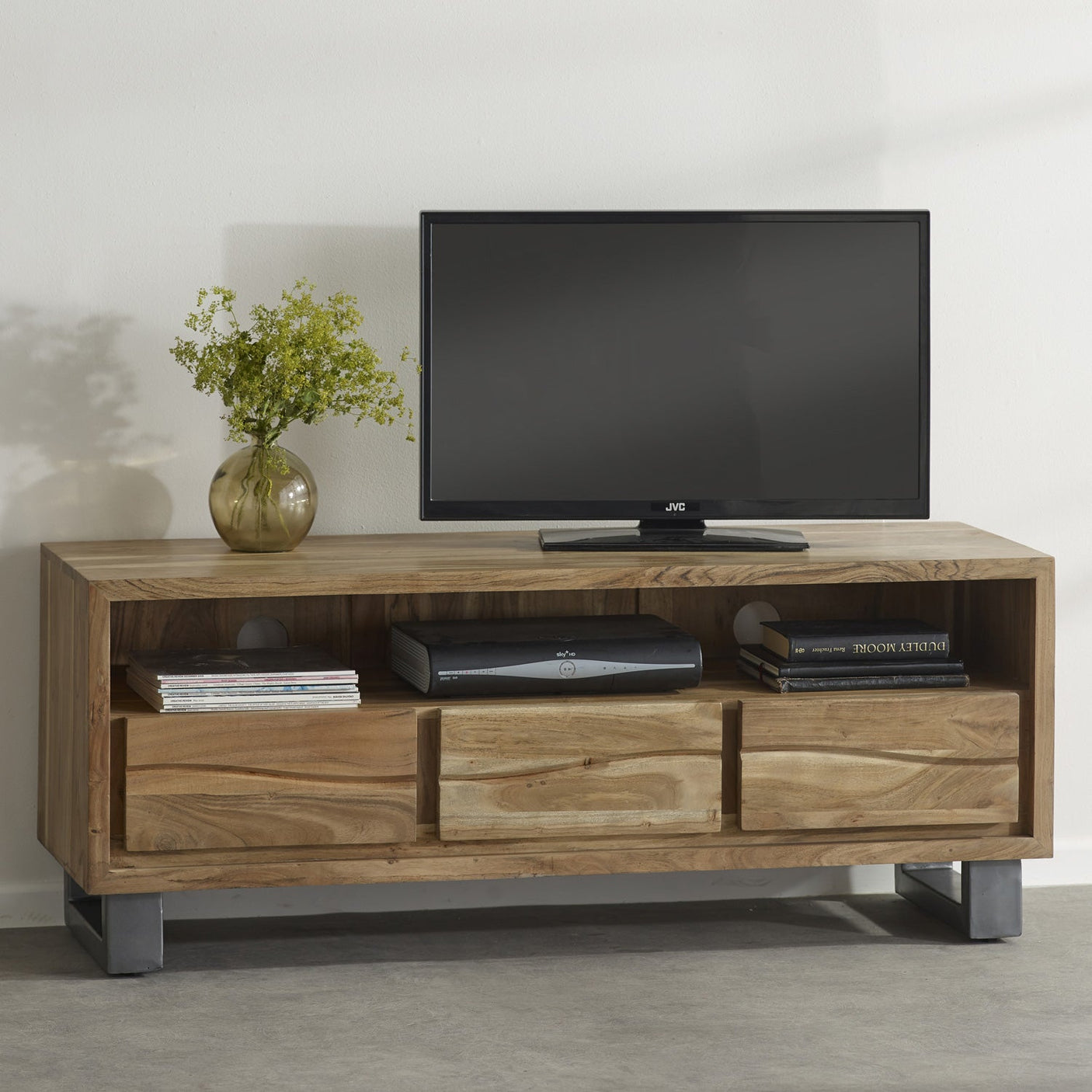 Baltic live edge media unit in solid acacia wood with metal legs