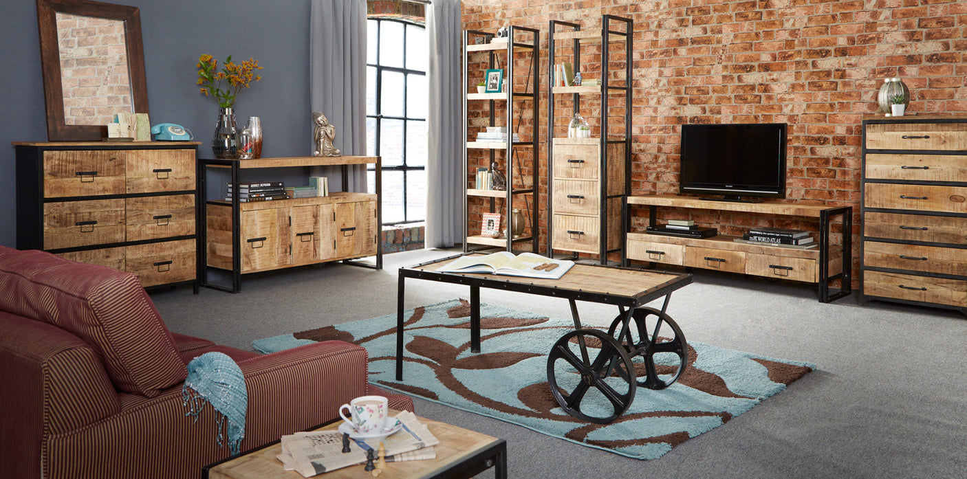 Cosmo Industrial Cart Coffee Table made from reclaimed wood and metal