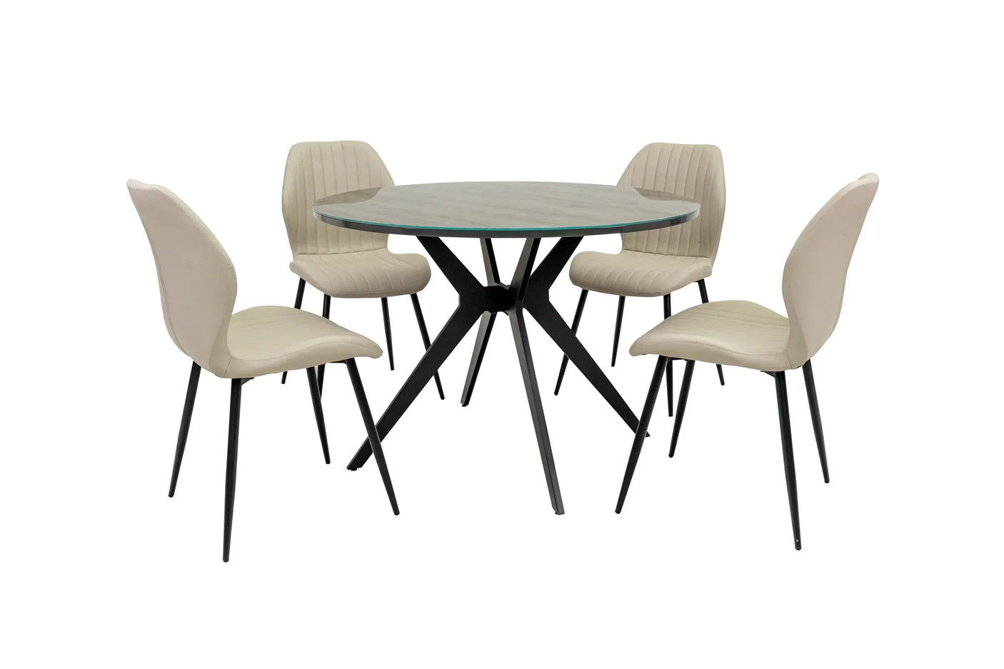 Round glass dining table set with four beige upholstered chairs and black metal legs