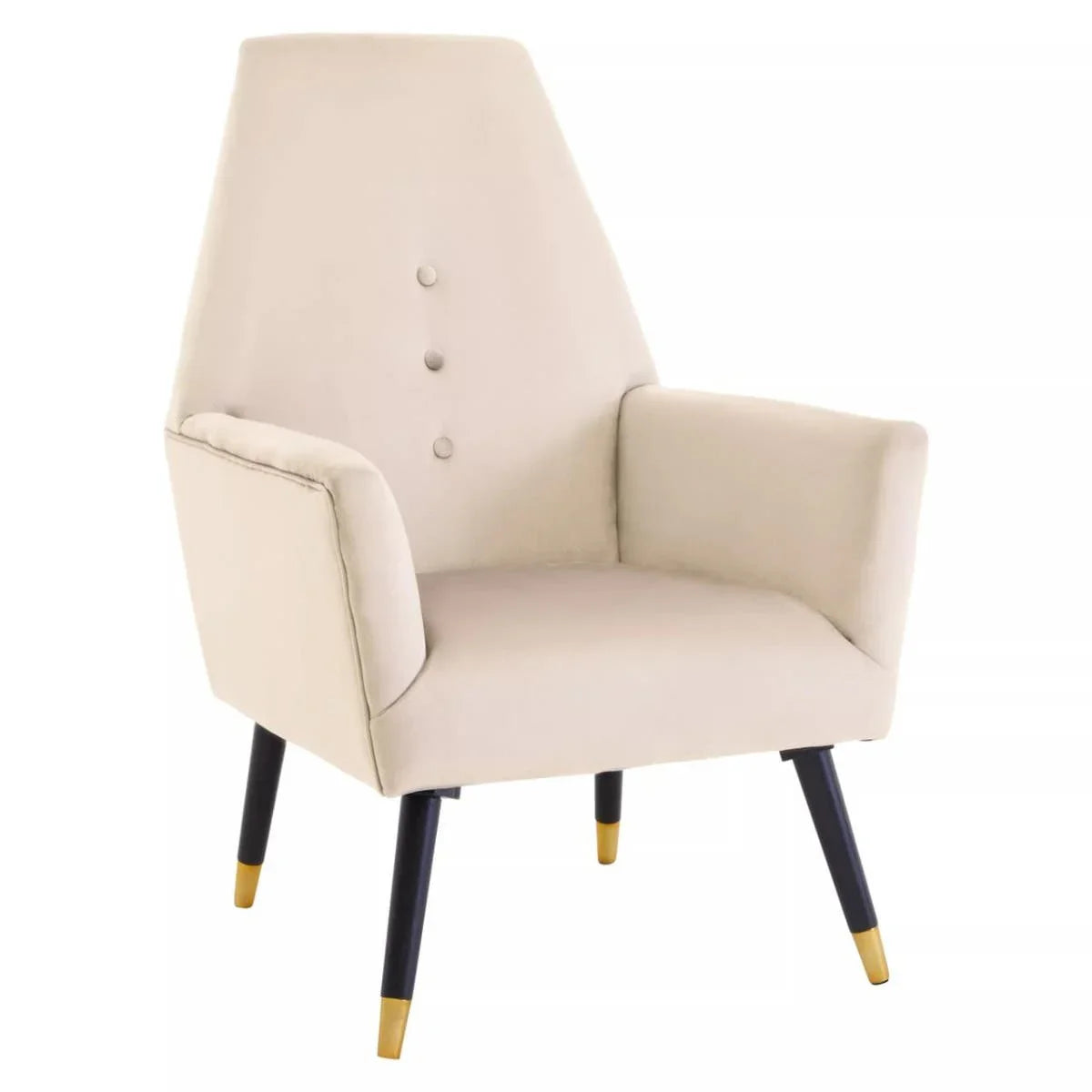 Beige velvet accent chair with button backrest, black tapered legs, gold tips, white background