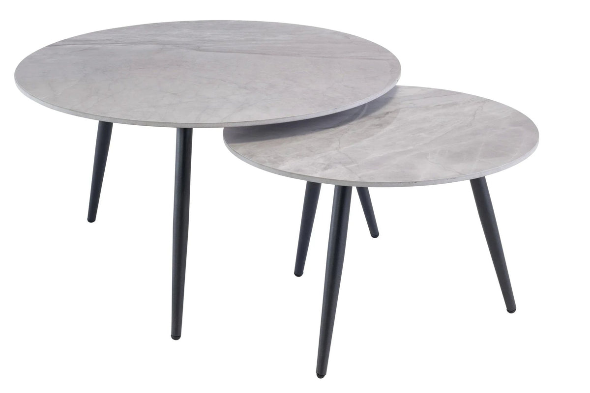 Pair of round grey marble-effect nesting coffee tables with black metal legs