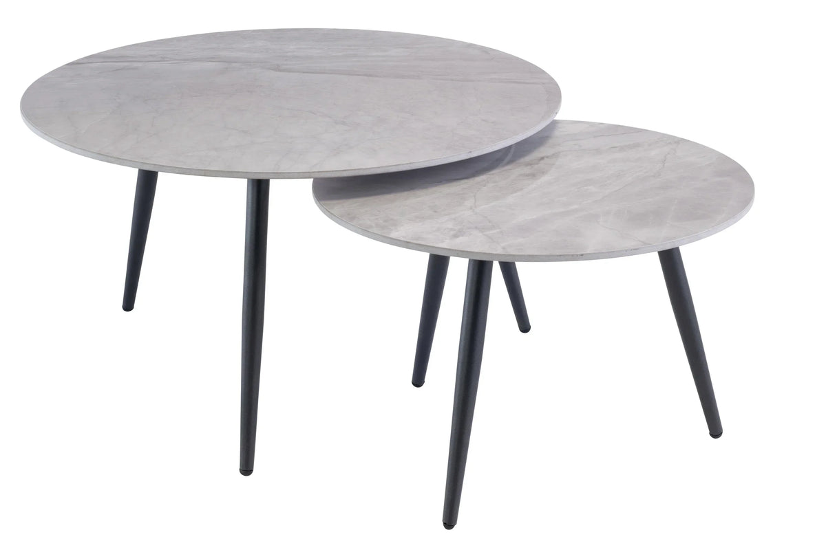Set of two round marble effect nesting coffee tables with black metal legs