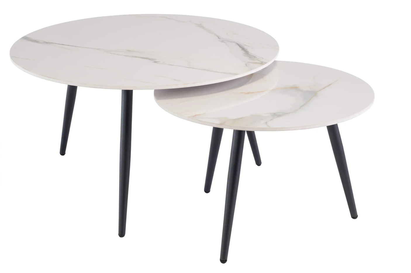 Set of two marble top nest tables with black tapered legs