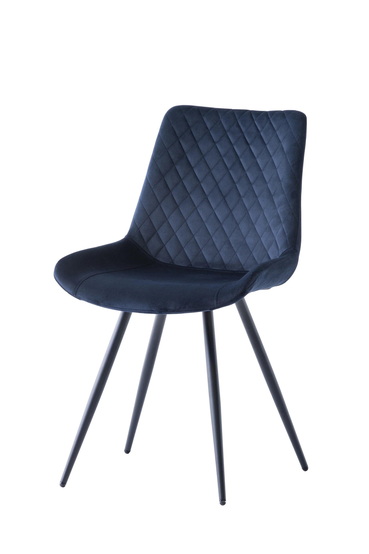 Navy blue velvet dining chair with quilted back and black tapered metal legs