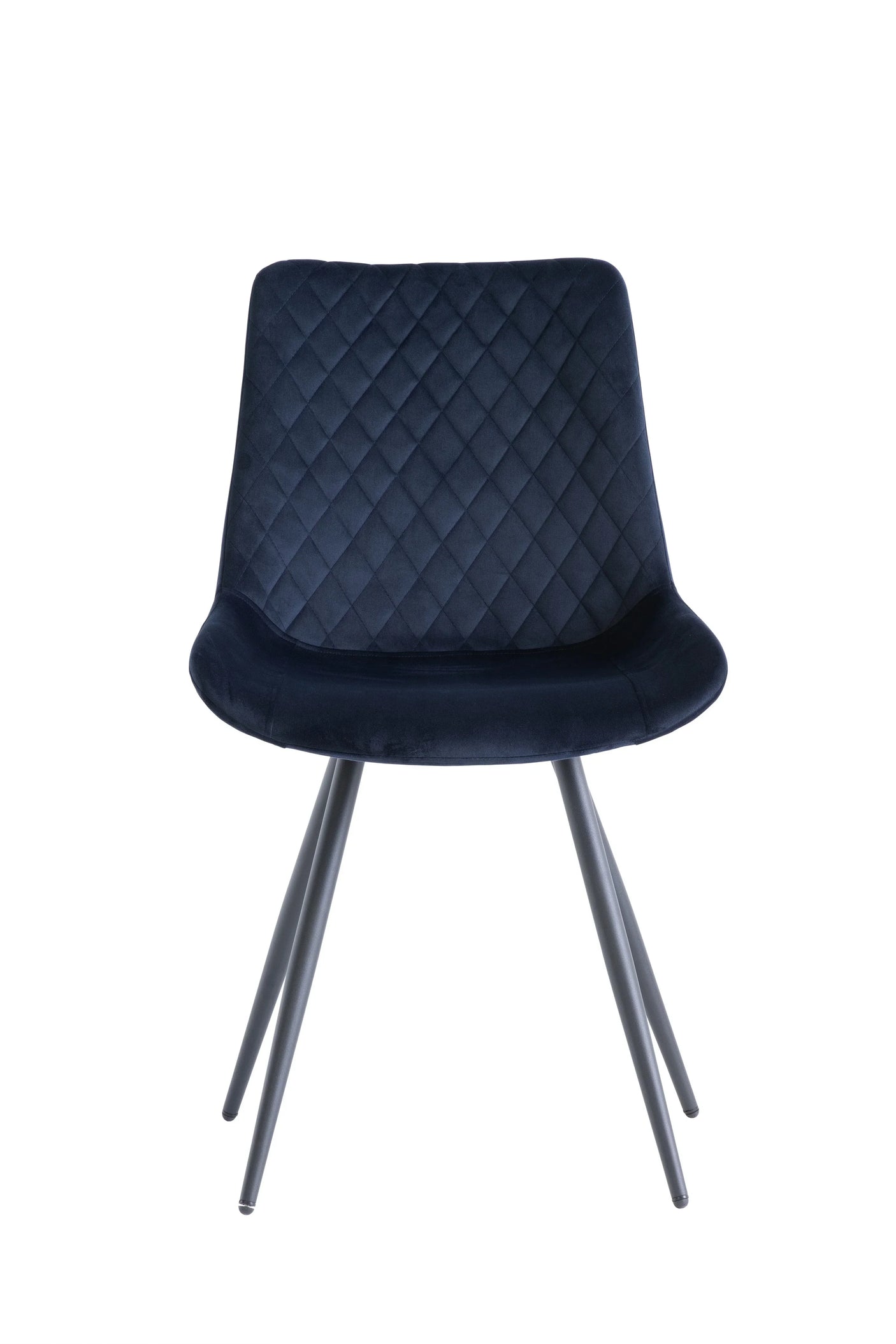 Navy velvet dining chair with diamond-stitched backrest and black metal legs, front view