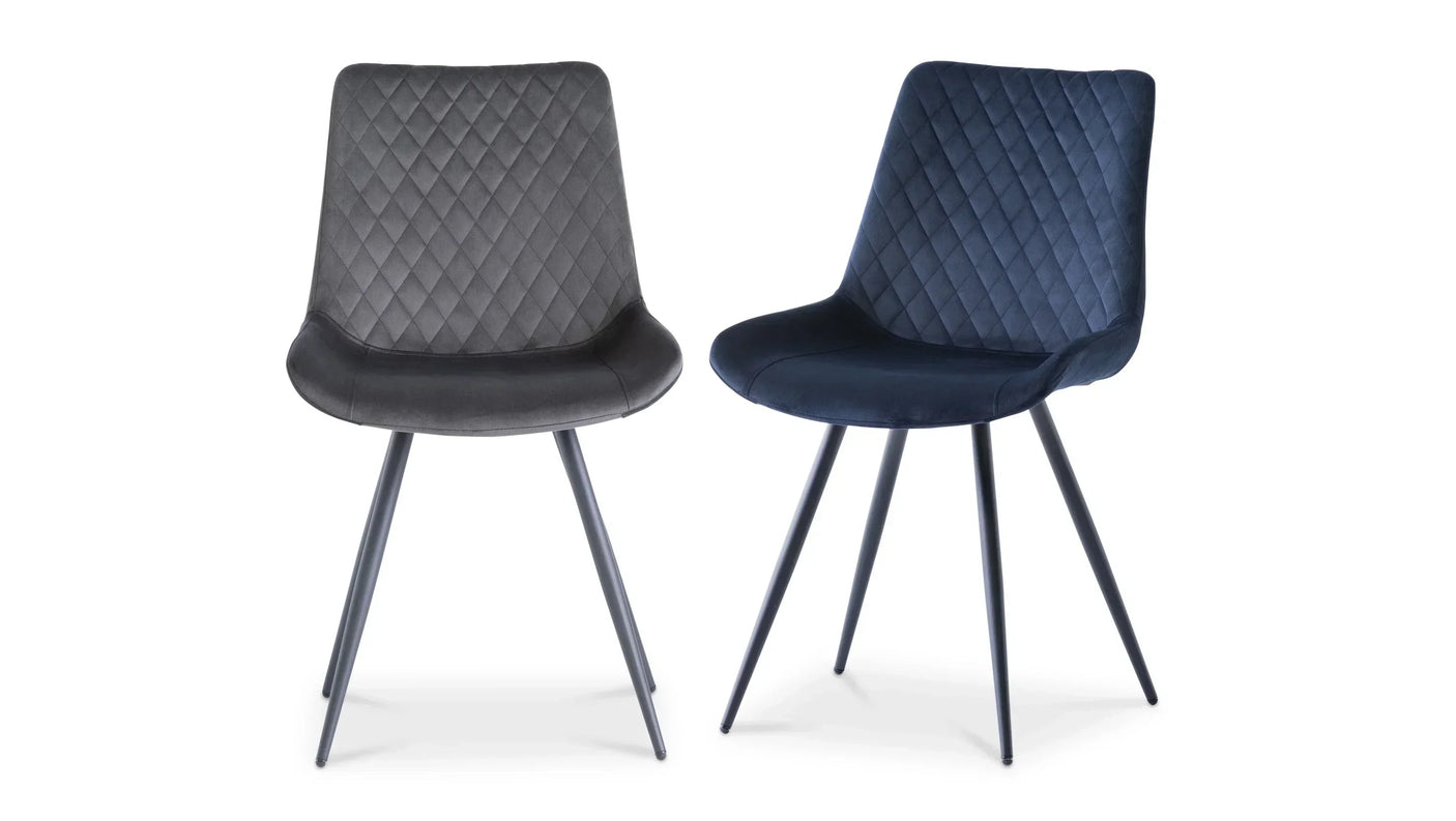 Set of two velvet dining chairs with diamond stitching, black metal legs, grey and blue colors