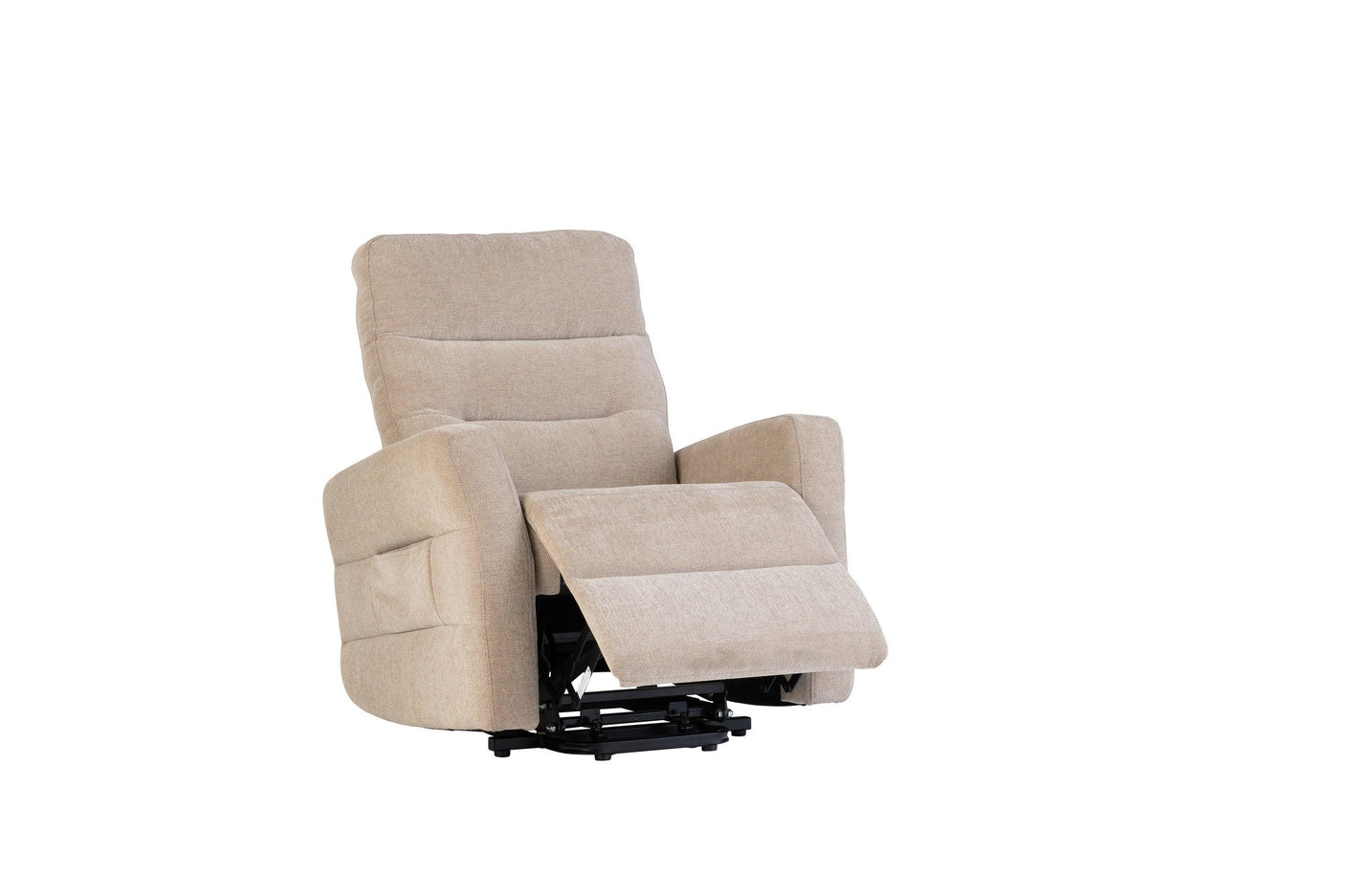 Beige fabric recliner chair with extended footrest and padded armrests