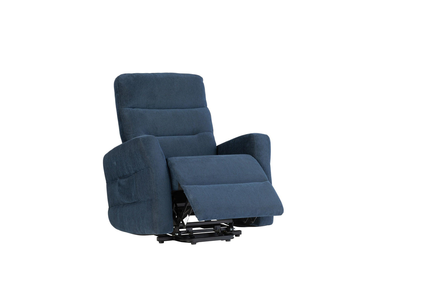 Navy blue fabric recliner chair in tilted open position, metal base visible, angled view
