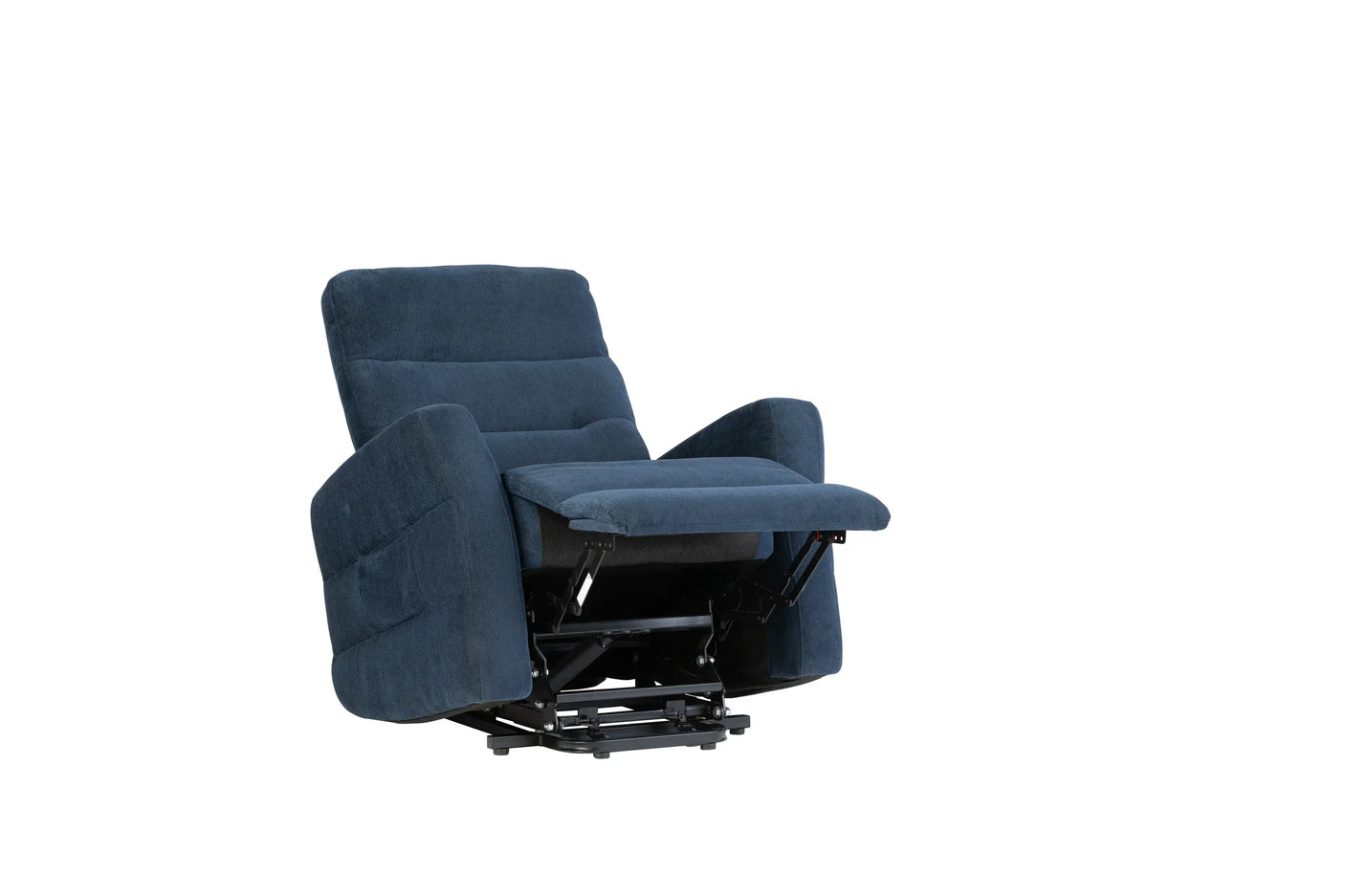 Navy blue fabric recliner chair with extended footrest, angled side view
