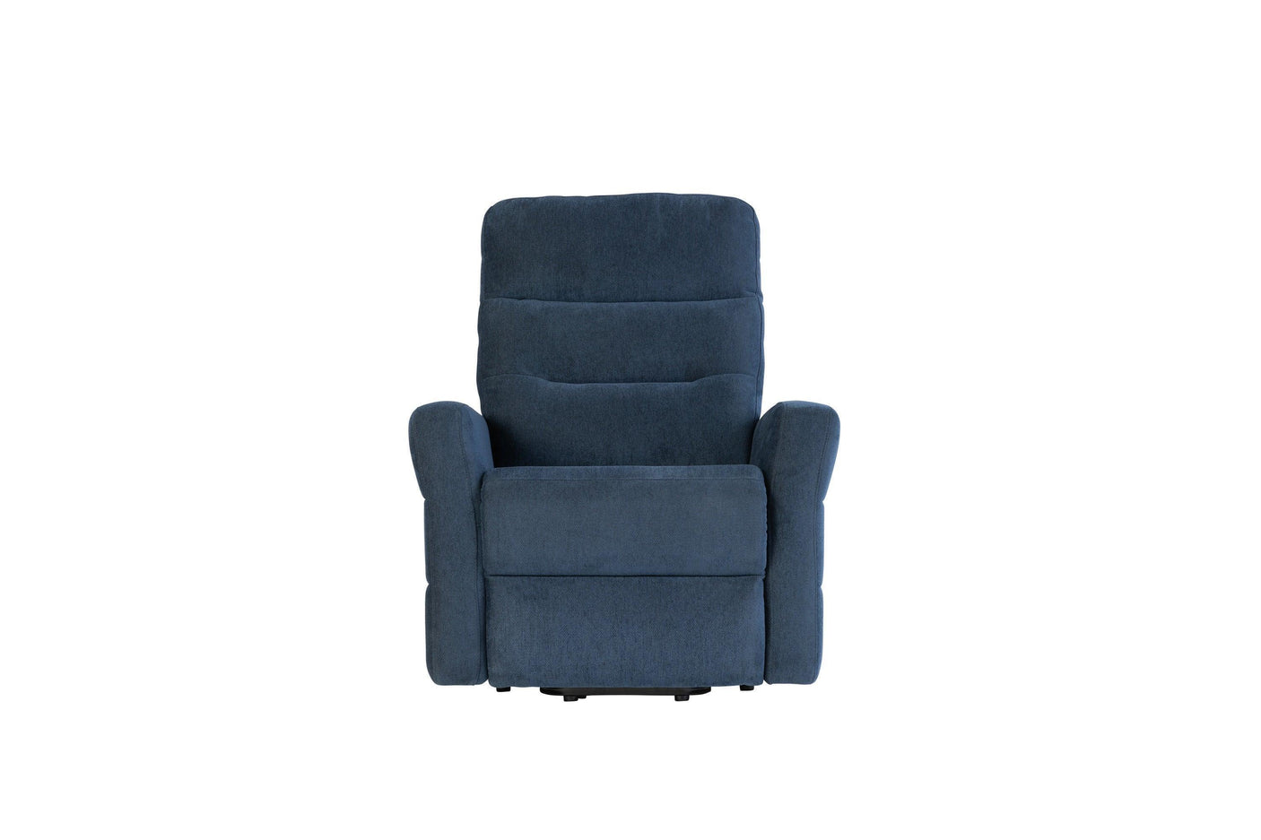 Navy blue fabric recliner chair with padded seat and backrest, front view