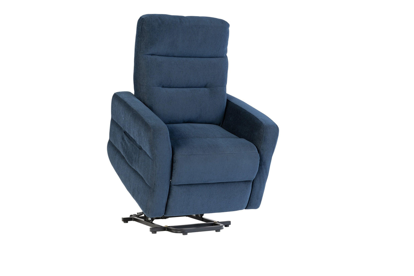 Navy blue fabric recliner chair with lift mechanism shown at an angled view