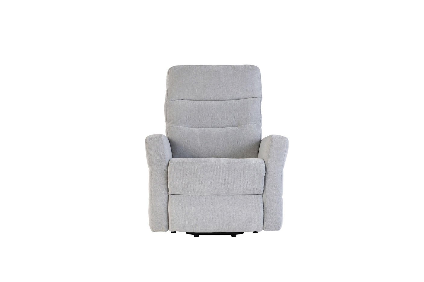 Silver grey fabric recliner armchair with padded backrest and armrests, front view