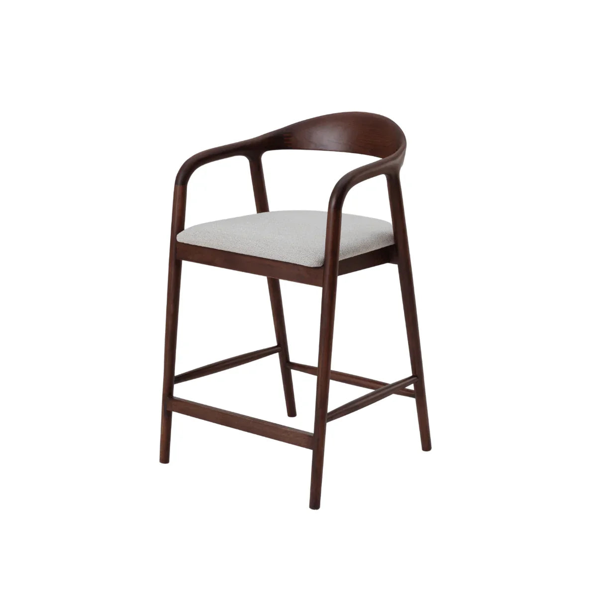 Dark wood barstool with curved backrest and light grey upholstered seat, angled front view
