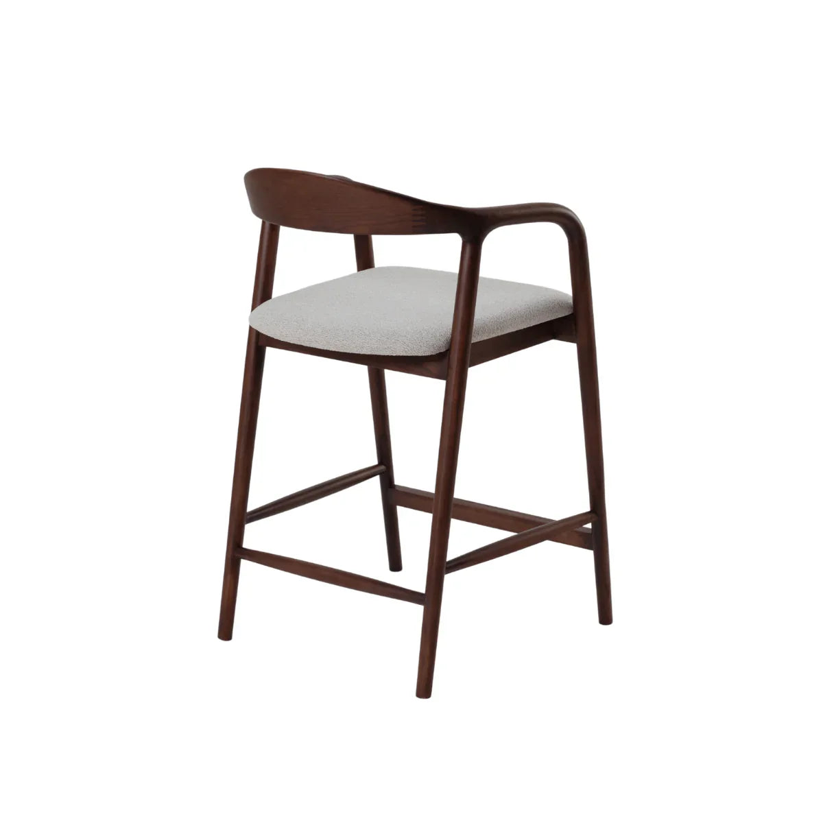 Modern bar stool with dark wood frame and light grey upholstered seat, rear angle view