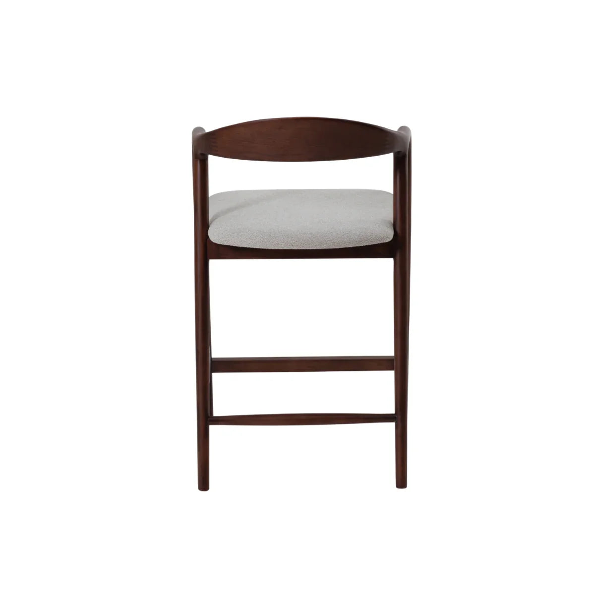 Walnut wooden barstool with curved backrest and light grey upholstered seat, rear view