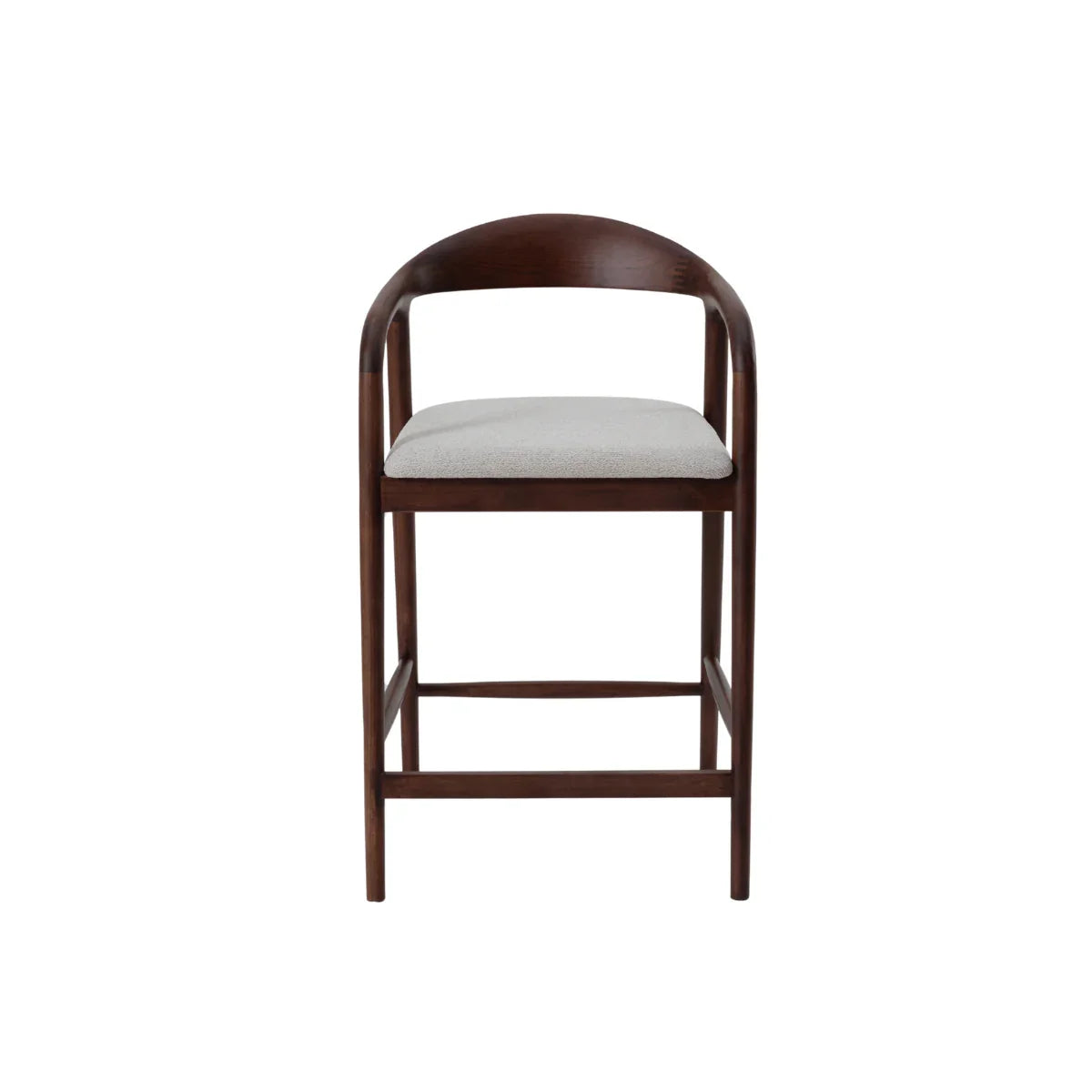 Walnut wood barstool with curved backrest and upholstered cream seat, front view