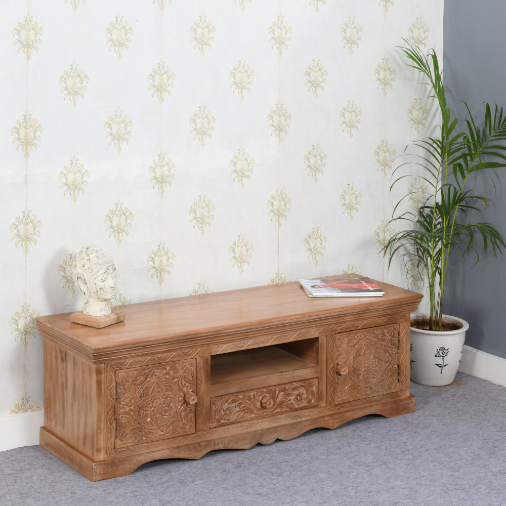 Artwork Mango wood TV cabinet with intricate front detail and whitewash finish