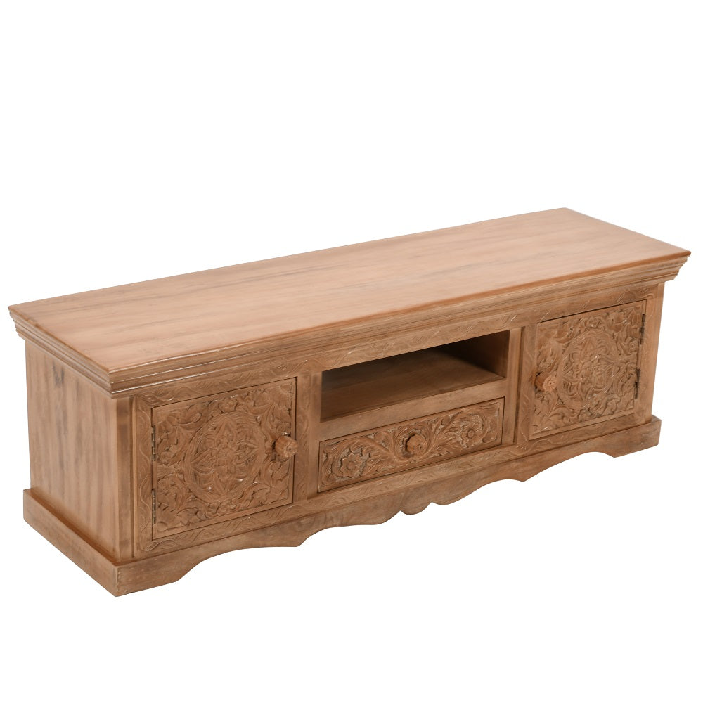Artwork Mango wood TV cabinet with intricate front detail and whitewash finish
