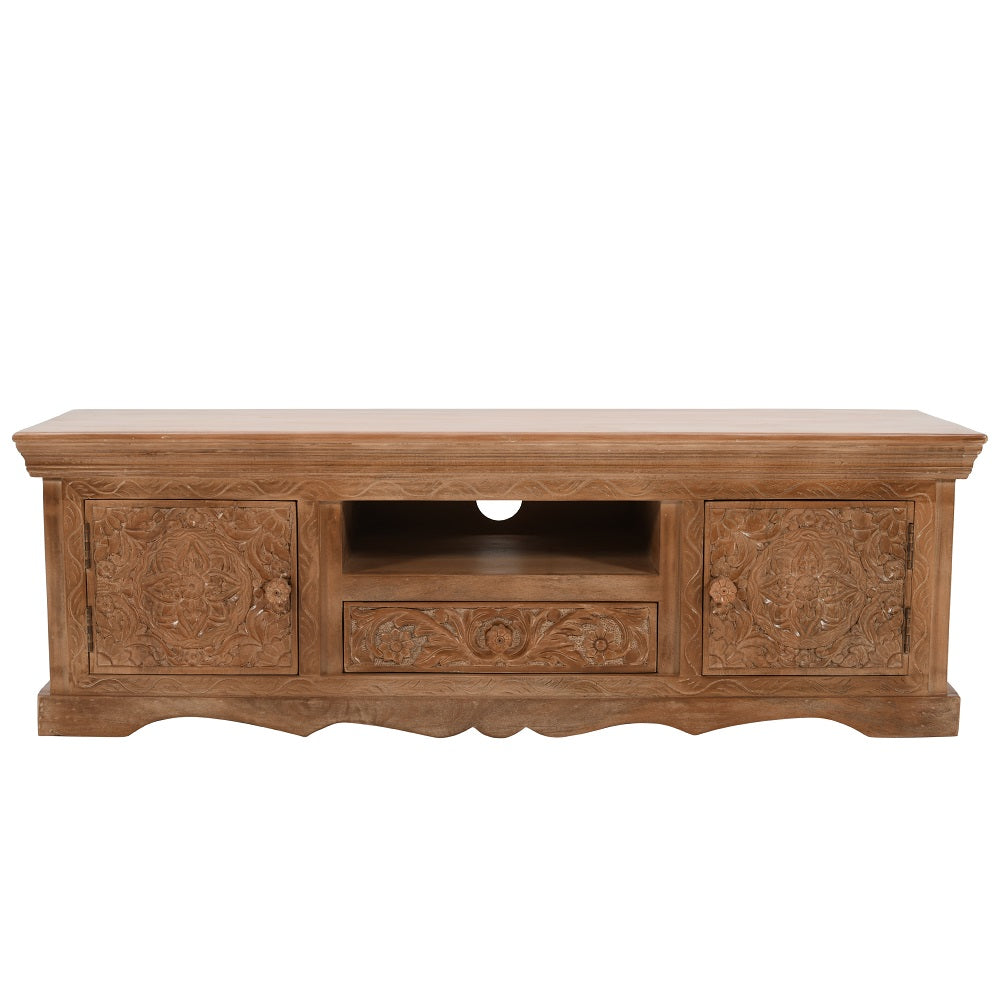 Artwork Mango wood TV cabinet with intricate front detail and whitewash finish