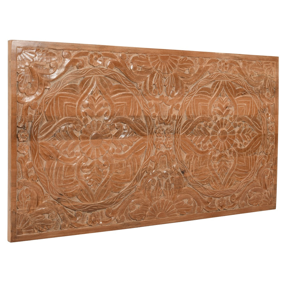 Handcrafted mango wood bedframe with intricate artwork detailing