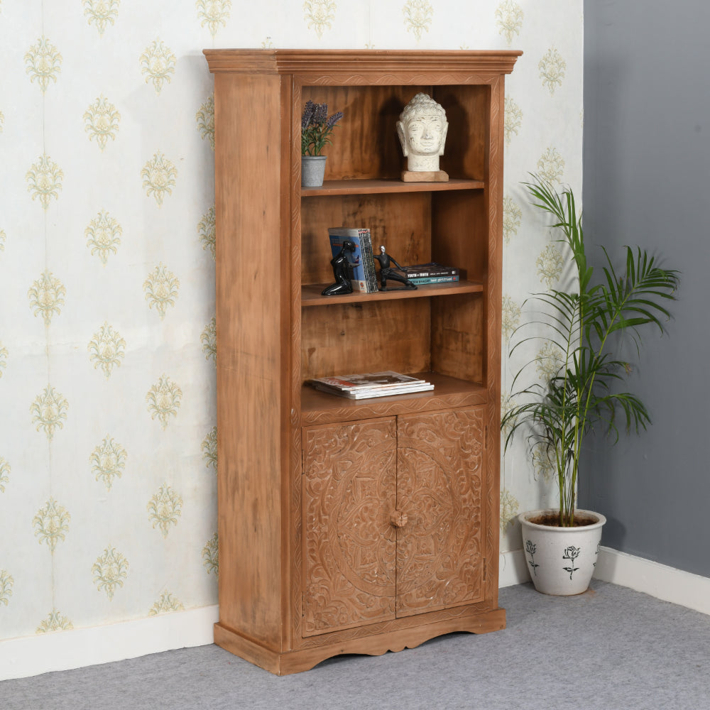 Handcrafted large corner bookcase made of mango wood with a whitewash finish