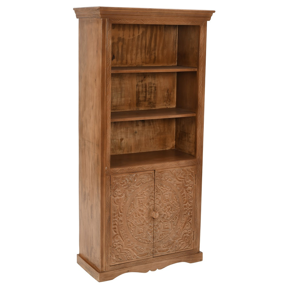 Handcrafted large corner bookcase made of mango wood with a whitewash finish