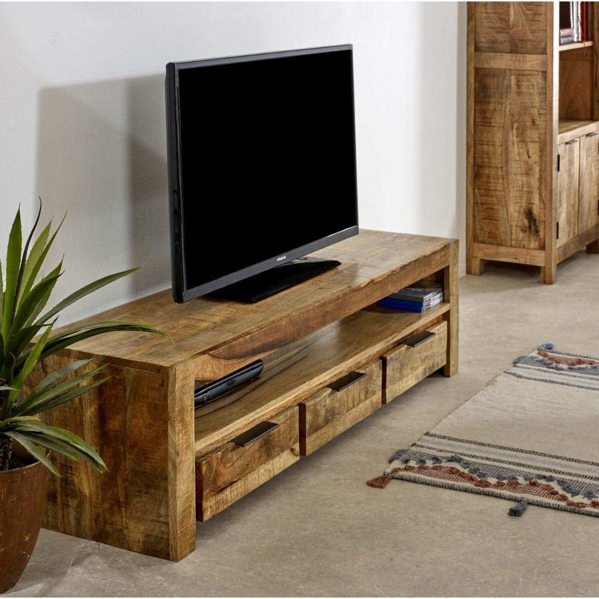 Surrey solid wood large TV cabinet with 3 drawers, rustic finish