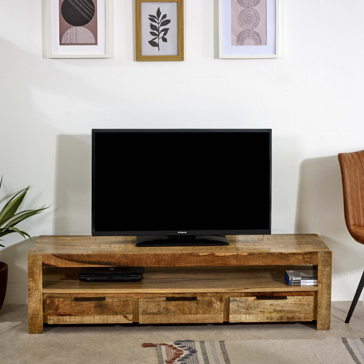 Surrey solid wood large TV cabinet with 3 drawers, rustic finish