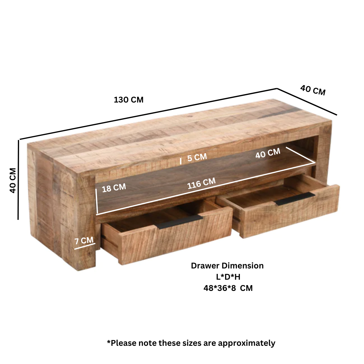 Surrey Solid Wood TV Stand with 2 drawers in rustic finish