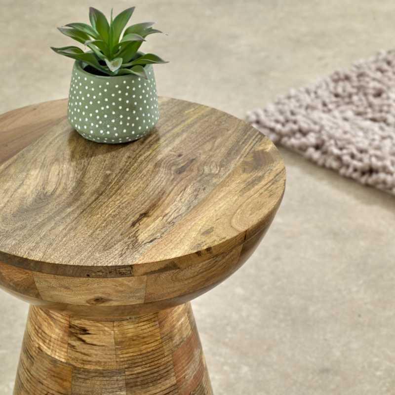 Round wooden side table with plant in green pot, close view highlighting natural wood grain