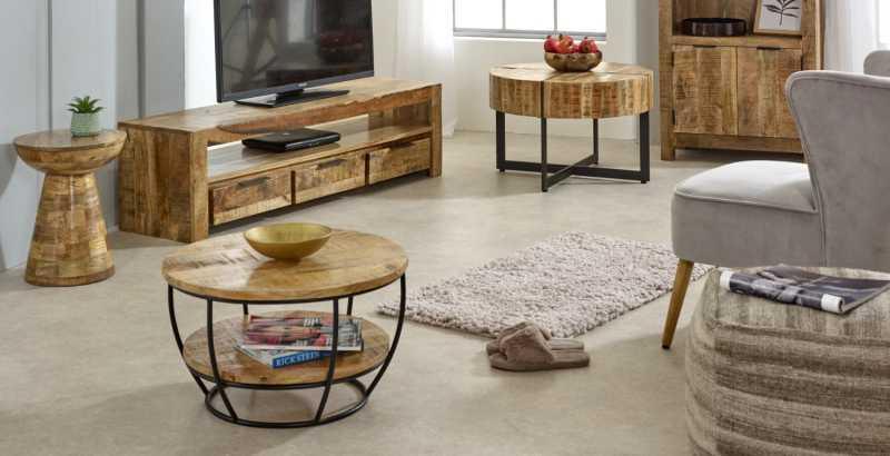 Rustic wood coffee table with black metal frame in modern living room furniture set