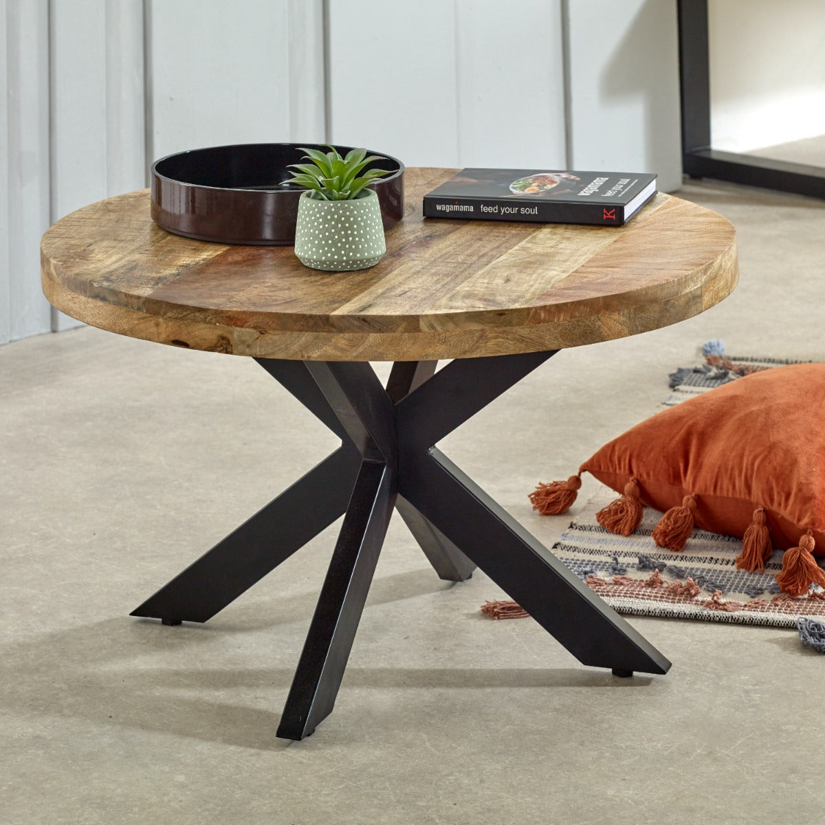 Surrey solid wood coffee table with metal spider legs, rustic design